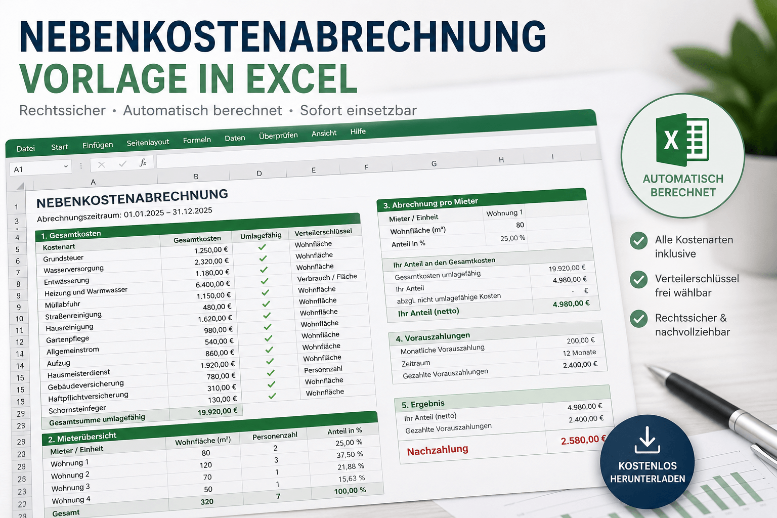 Nebenkostenabrechnung Vorlage Excel – so geht's rechtssicher